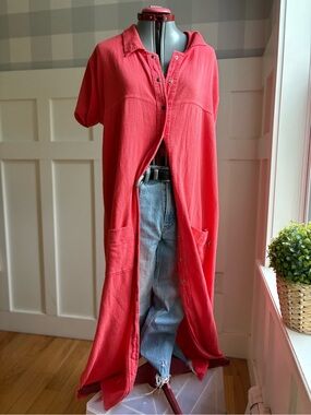 Caribbean Joe Coral Pink Long Button-Front Tunic Dress XL